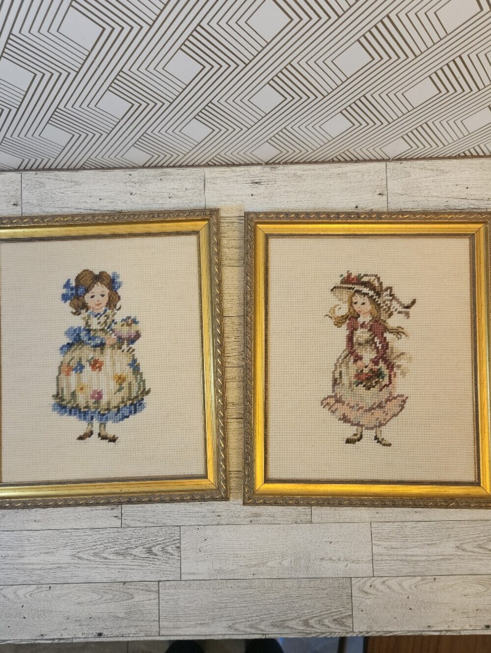 Pair Of Framed Vintage Needlepoint Girls In Floral Dress Grandmacore *No Glass